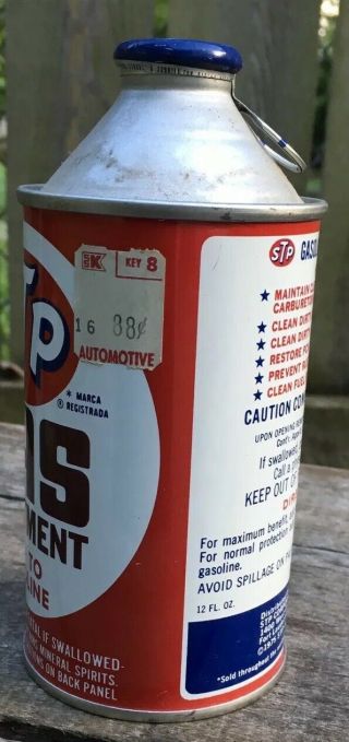 Vtg STP Gas Treatment Cone Top metal Tin can advertising petrol 12 oz full can 3