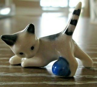Vintage W.  Germany Cat Kitten W/ Ball Miniature Figurine Foil Label Porcelain