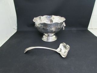 Victorian Silver Plate On Copper Punch Bowl & Ladle,  Lion Head Handles