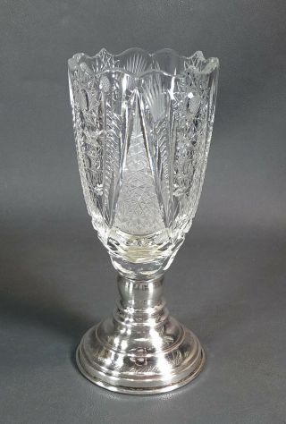 Antique Austro - Hungary Crystal Glass Sterling Silver Base Trophy Cup Award Vase 2