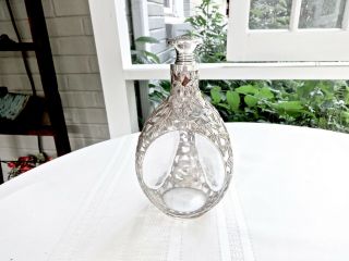 ANTIQUE JAPANESE STERLING 950 SILVER BAMBOO LEAF OVERLAY PINCHED GLASS DECANTER 2
