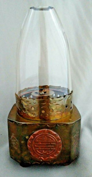Antique Chinese Qing Brass Copper Opium Oil Lamp Hand Blown Glass Globe