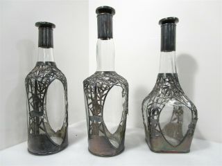 Set Of 3 Vintage Decanter Bottles 950 Sterling Silver Overlay Bamboo Design