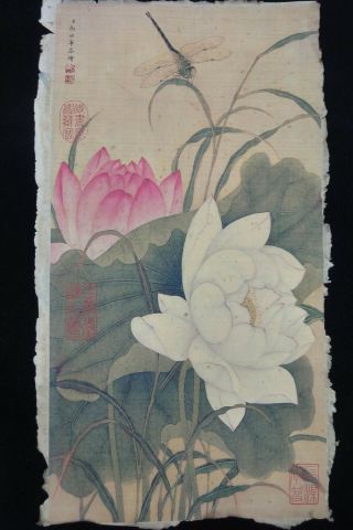 Very Rare Old Large Chinese Hand Painting Lotus Flowers " Langshiming " Marks