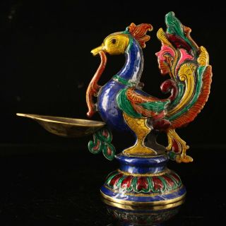 Old Handmade Statue Peacock Copper Cloisonne Coloured Drawing Candlestick F02f