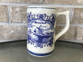 Vintage Heineken Hand - Painted Delft Blue Dutch Beer Mug,  Windmill And Sailboat