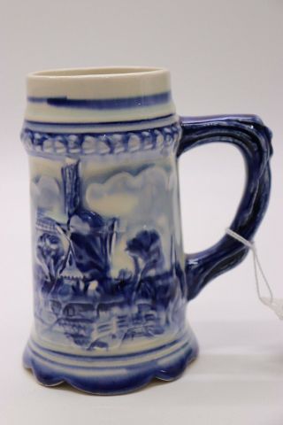 Delft Blue Ceramic Stein Beer Mug Holland Windmill Hand Painted Marked Vintage