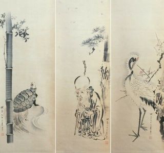 I658: Japanese Old Triad Hanging Scroll.  Jurojin With Crane And Tortoise.