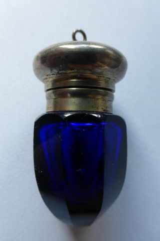 Rare Blue Cobalt Glass Acorn Chatelaine Vinaigrette Perfume Bottle Us