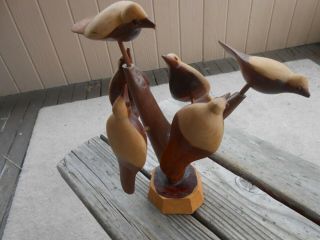 6 Birds On A Branch Wood Carving Sculpture