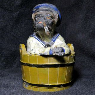 Vintage Cast Iron Sailor Bulldog With Pipe Or Cigar Barrel - Sewing Pin Cushion