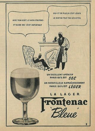 1942 Frontenac Blue Lager Ale Ad In French