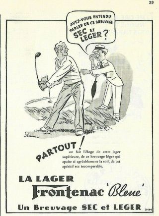 1940 Frontenac Blue Lager Beer & Golf Ad In French