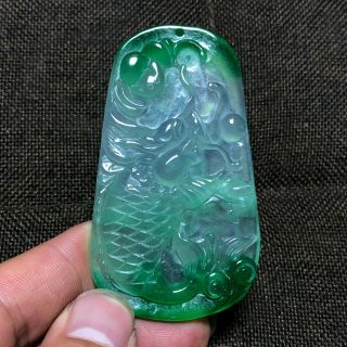 Collectible Chinese Ice Green Jadeite Jade Dragon Fish & Bat Handwork Pendant
