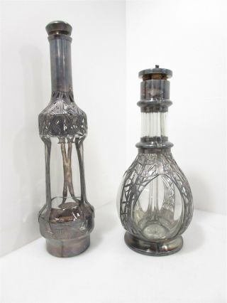Set Of 2 Vintage Sterling Silver Overlay Bottles Bamboo Design Made In France