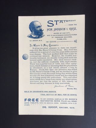 Vintage Dr.  Shoops Medicine Victorian Trade Card J.  I.  Case Racine Wisconsin