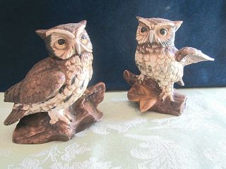 Homco Home Interiors Vintage Owl Figurines On Log Porcelain 1114