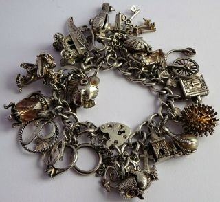 Heavy Vintage Solid Silver Charm Bracelet & 23 Charms.  Rare,  Open,  Move