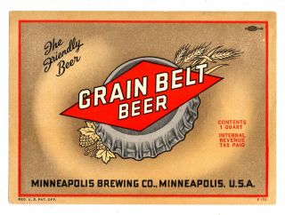 1930s Minneapolis Brewing Co,  Minnesota Grain Belt Beer Bottle Cap Irtp Label