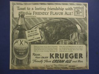 1942 Krueger Cream Ale Beer Wwii Era Ad Newark Jersey Brewery