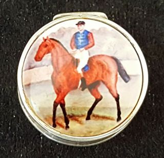 Sterling Silver Vintage Art Deco Antique Enamel Horse & Jockey Pill Box