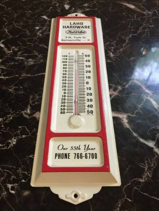 Vintage Laho Hardware Advertising Metal Thermometer Sign