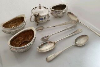 Hallmarked Solid Silver Joblot.  Salts,  Mustard Pot,  Spoons 174g.  Not Scrap