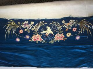 Antique Chinese Hand Embroidered Blue Silk Fragment Birds,  Flowers