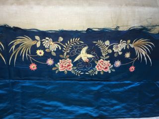 Antique Chinese Hand Embroidered Blue Silk Fragment Birds,  Flowers 2