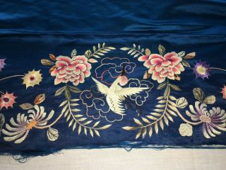 Antique Chinese Hand Embroidered Blue Silk Fragment Birds,  Flowers 3