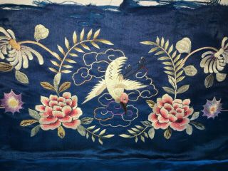 Antique Chinese Hand Embroidered Blue Silk Fragment Birds,  Flowers 4