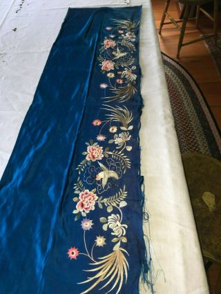 Antique Chinese Hand Embroidered Blue Silk Fragment Birds,  Flowers 5