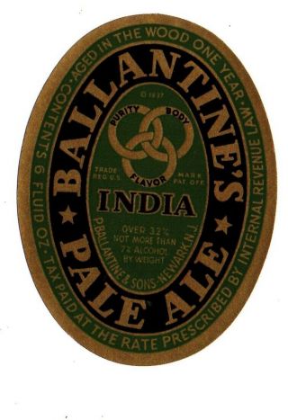 1930s P.  Ballantine & Sons,  Newark,  Jersey India Pale Ale Irtp 6 Oz Label