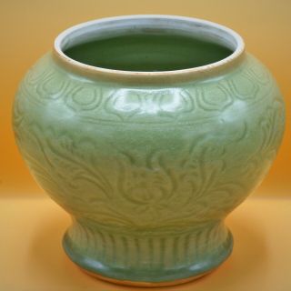Chinese Large,  Old Celadon Jar Vase,  Floral Geometric Incised Longquan Porcelain