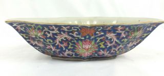 Antique Chinese Porcelain Bat Shape Bowl Colorful Pattern On Indigo Blue