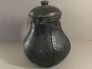 ANTIQUE ISLAMIC MIDDLE EASTERN ARABIC DALLAH COPPER COFFEE POT,  SIGNED TO BASE, 6