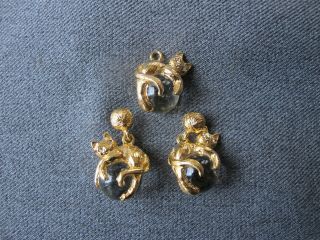 Vintage Gantos clear lucite golden metal cat kitten with ball earrings & pendant 2