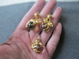Vintage Gantos clear lucite golden metal cat kitten with ball earrings & pendant 5