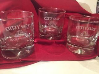Set Of 3 Cutty Sark Scots Whisky Dimpled Rocks Glasses Etched Logo Heavy Bottom
