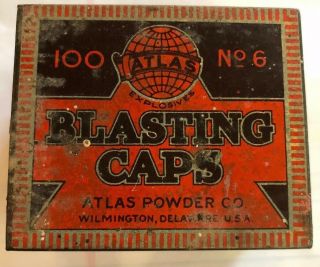 Antique Vintage Atlas Powder Co.  100 Ct.  No.  6 Blasting Caps Tin Rectangle