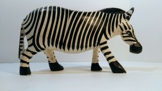 Carved Wood Zebra Hand Painted 8x4.  5 Figurine Black And White Light Wood