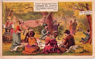 Trade Card Picnic Camp Florence Oil Stove 1800s Crown Sewing Machine Advertising