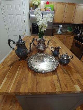 Vintage Wallace Baroque Silver Plate Tea Set 5 Pc 281 - 284 W/tray 296