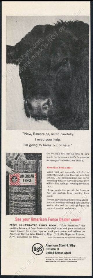 1959 Uss Steel American Farm Fence Black Angus Cow Photo Vintage Print Ad