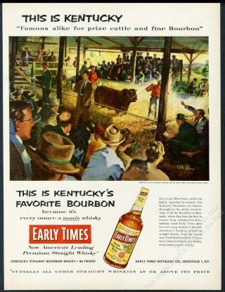 1954 Kentucky Cattle Cow Bull Art Early Times Bourbon Vintage Print Ad