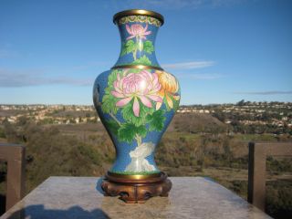 Antique Chinese Brass Cloisonne Vase Flowers Design 12 " Wooden Stand