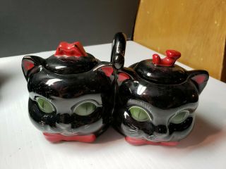 Vintage Shafford Black Cat Kitty Cat Condiment Jar Set W Attached Spoons