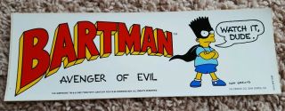 Vintage 1990 The Simpsons Bumper Sticker Bart Bartman Avenger Of Evil Skateboard