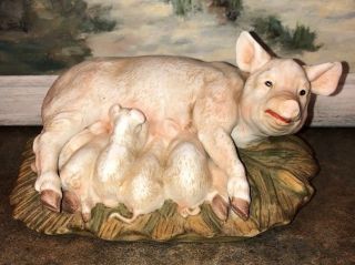 Pig Figurine With Baby Piglets Nursing 1985 Vintage 7” X 5” X 3.  5” Signed