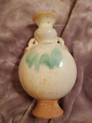 Chinese Early Ming Cream And Green Double Handle Vase.  For Age